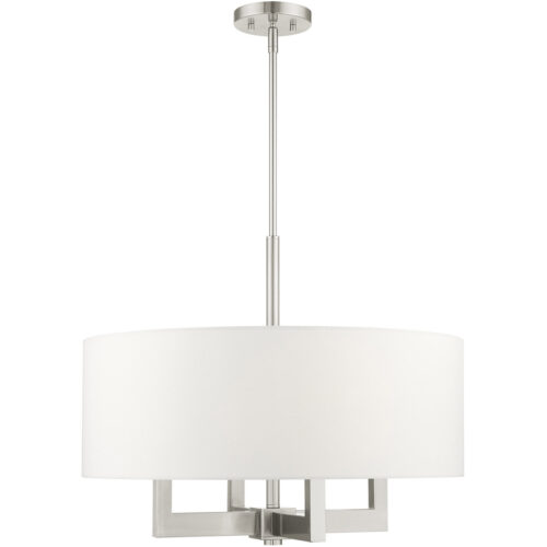 4 Light Brushed Nickel Chandelier with Hand Crafted Off White Fabric Hardback Shade-Lighting LumensChandeliers