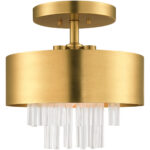 3 Light Natural Brass Ceiling Mount with Natural Brass Drum with Clear Crystal Rods Shade-Lighting LumensFlush Mount Ceiling Lights