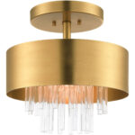 3 Light Natural Brass Ceiling Mount with Natural Brass Drum with Clear Crystal Rods Shade-Lighting LumensFlush Mount Ceiling Lights