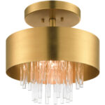 3 Light Natural Brass Ceiling Mount with Natural Brass Drum with Clear Crystal Rods Shade-Lighting LumensFlush Mount Ceiling Lights