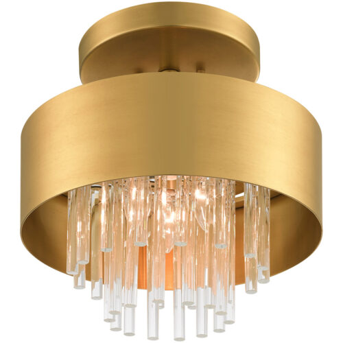 3 Light Natural Brass Ceiling Mount with Natural Brass Drum with Clear Crystal Rods Shade-Lighting LumensFlush Mount Ceiling Lights