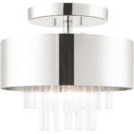 3 Light Polished Nickel Ceiling Mount with Polished Nickel Drum with Clear Crystal Rods Shade-Lighting LumensFlush Mount Ceiling Lights