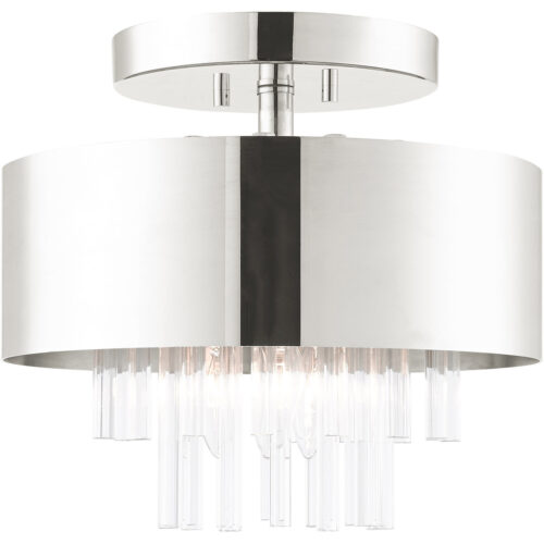 3 Light Polished Nickel Ceiling Mount with Polished Nickel Drum with Clear Crystal Rods Shade-Lighting LumensFlush Mount Ceiling Lights