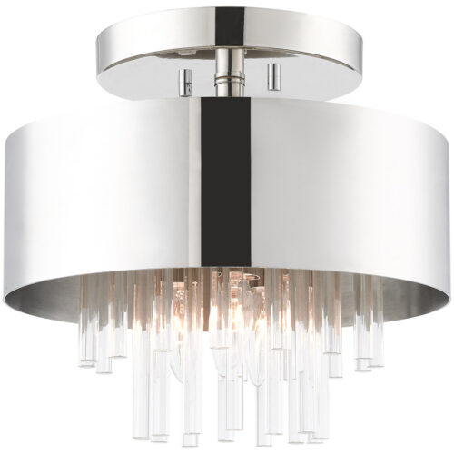 3 Light Polished Nickel Ceiling Mount with Polished Nickel Drum with Clear Crystal Rods Shade-Lighting LumensFlush Mount Ceiling Lights