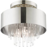 3 Light Polished Nickel Ceiling Mount with Polished Nickel Drum with Clear Crystal Rods Shade-Lighting LumensFlush Mount Ceiling Lights