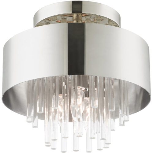 3 Light Polished Nickel Ceiling Mount with Polished Nickel Drum with Clear Crystal Rods Shade-Lighting LumensFlush Mount Ceiling Lights