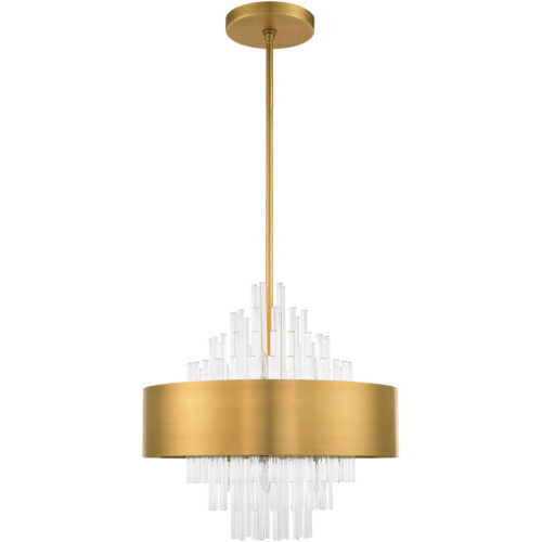 8 Light Natural Brass Pendant Chandelier with Natural Brass Drum with Clear Crystal Rods Shade-Lighting LumensChandeliers