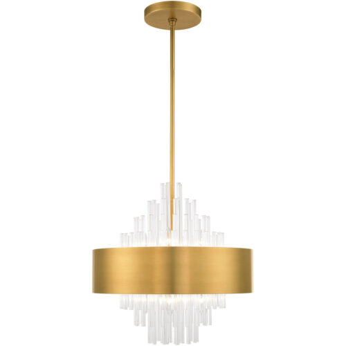 8 Light Natural Brass Pendant Chandelier with Natural Brass Drum with Clear Crystal Rods Shade-Lighting LumensChandeliers