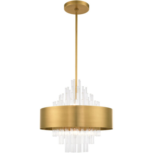 8 Light Natural Brass Pendant Chandelier with Natural Brass Drum with Clear Crystal Rods Shade-Lighting LumensChandeliers