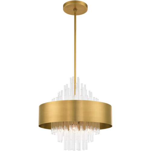 8 Light Natural Brass Pendant Chandelier with Natural Brass Drum with Clear Crystal Rods Shade-Lighting LumensChandeliers