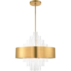 10 Light Natural Brass Pendant Chandelier with Natural Brass Drum with Clear Crystal Rods Shade-Lighting LumensChandeliers