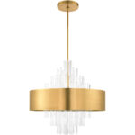 10 Light Natural Brass Pendant Chandelier with Natural Brass Drum with Clear Crystal Rods Shade-Lighting LumensChandeliers