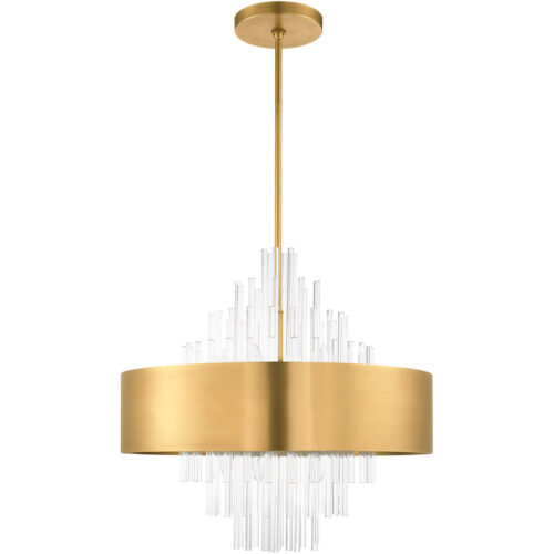 10 Light Natural Brass Pendant Chandelier with Natural Brass Drum with Clear Crystal Rods Shade-Lighting LumensChandeliers