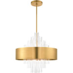 10 Light Natural Brass Pendant Chandelier with Natural Brass Drum with Clear Crystal Rods Shade-Lighting LumensChandeliers