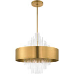 10 Light Natural Brass Pendant Chandelier with Natural Brass Drum with Clear Crystal Rods Shade-Lighting LumensChandeliers