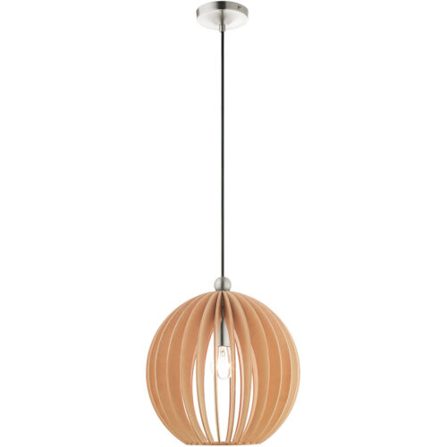 1 Light Brushed Nickel Mini Pendant light Hanging Light Fixture with Round Wood Shade-Lighting LumensPendant Lights