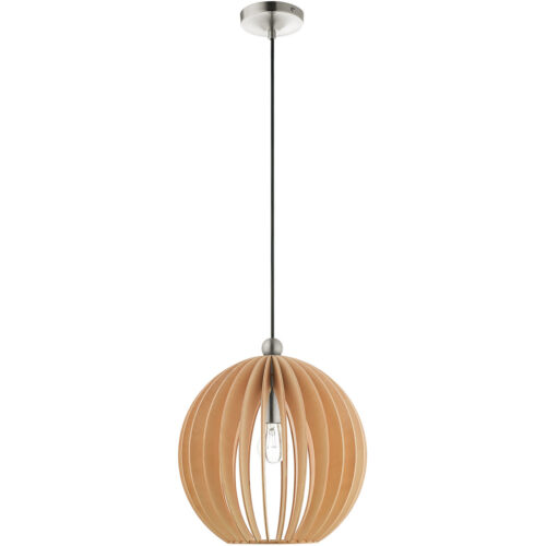 1 Light Brushed Nickel Mini Pendant light Hanging Light Fixture with Round Wood Shade-Lighting LumensPendant Lights