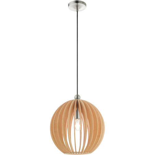 1 Light Brushed Nickel Mini Pendant light Hanging Light Fixture with Round Wood Shade-Lighting LumensPendant Lights