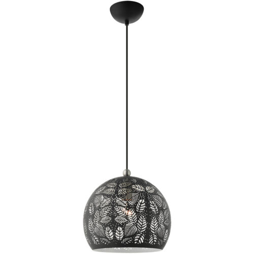 1 Light Black Pendant light Hanging Light Fixture with Black Ornamental Metal with White finish Inside Shade-Lighting LumensPendant Lights