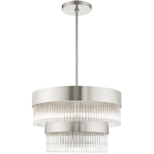 5 Light Brushed Nickel Chandelier with Brushed Nickel Drum with Clear Crystal Rods Shade-Lighting LumensChandeliers