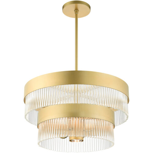 6 Light Soft Gold Chandelier with Soft Gold Drum with Clear Crystal Rods Shade-Lighting LumensChandeliers