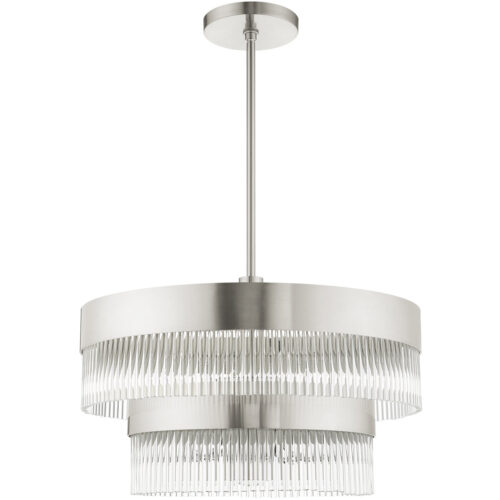 6 Light Brushed Nickel Chandelier with Brushed Nickel Drum with Clear Crystal Rods Shade-Lighting LumensChandeliers