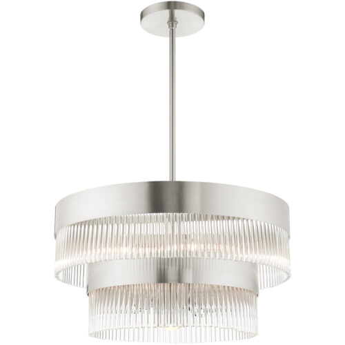 6 Light Brushed Nickel Chandelier with Brushed Nickel Drum with Clear Crystal Rods Shade-Lighting LumensChandeliers