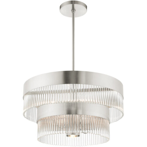 6 Light Brushed Nickel Chandelier with Brushed Nickel Drum with Clear Crystal Rods Shade-Lighting LumensChandeliers