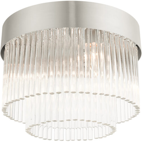 4 Light Brushed Nickel Flushed Mount with Brushed Nickel Drum with Clear Crystal Rods Shade-Lighting LumensBath/Flush Mounts