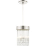 3 Light Brushed Nickel Chandelier with Brushed Nickel Drum with Clear Crystal Rods Shade-Lighting LumensChandeliers