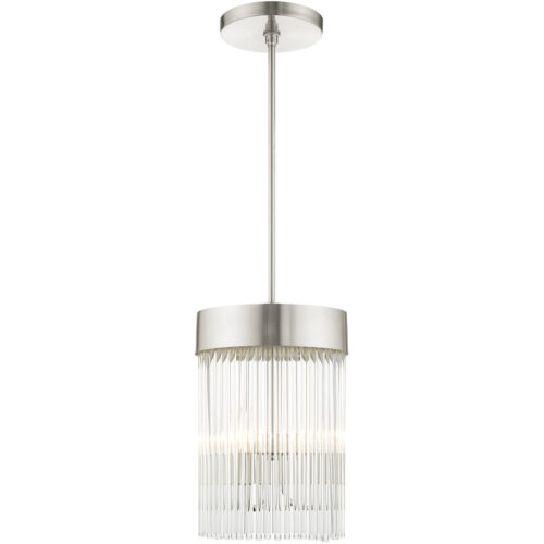 3 Light Brushed Nickel Chandelier with Brushed Nickel Drum with Clear Crystal Rods Shade-Lighting LumensChandeliers