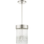 3 Light Brushed Nickel Chandelier with Brushed Nickel Drum with Clear Crystal Rods Shade-Lighting LumensChandeliers