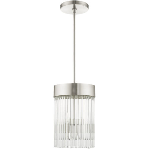 3 Light Brushed Nickel Chandelier with Brushed Nickel Drum with Clear Crystal Rods Shade-Lighting LumensChandeliers