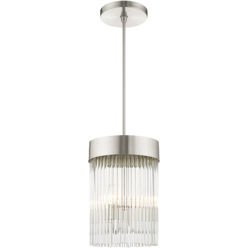 3 Light Brushed Nickel Chandelier with Brushed Nickel Drum with Clear Crystal Rods Shade-Lighting LumensChandeliers