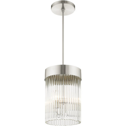 3 Light Brushed Nickel Chandelier with Brushed Nickel Drum with Clear Crystal Rods Shade-Lighting LumensChandeliers