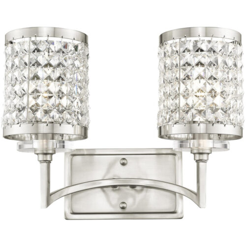 14.25 inch 2 Light Brushed Nickel Bathroom Vanity light fixture with Clear Crystals Shade-Lighting LumensBath/Vanity