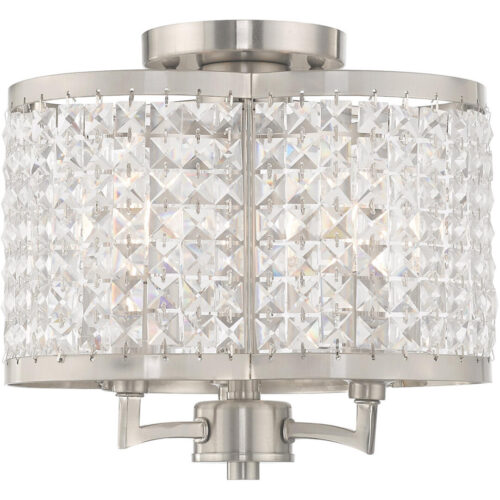 3 Light Brushed Nickel Ceiling Light fixture with Clear Crystals Shade-Lighting LumensFlush Mount Ceiling Lights