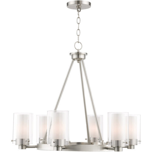 6 Light Brushed Nickel Chandelier with Hand Blown Clear Outside Glass and Opal Inside Glass Shade-Lighting LumensChandeliers