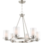 6 Light Brushed Nickel Chandelier with Hand Blown Clear Outside Glass and Opal Inside Glass Shade-Lighting LumensChandeliers