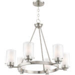 6 Light Brushed Nickel Chandelier with Hand Blown Clear Outside Glass and Opal Inside Glass Shade-Lighting LumensChandeliers