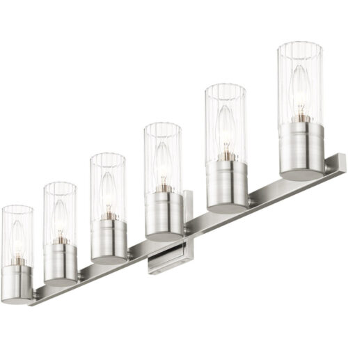 35.5 inch 6 Light Brushed Nickel Bathroom Vanity light fixture with Hand Crafted Clear Fluted Glass Shade-Lighting LumensBath/Vanity