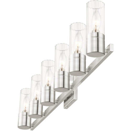 35.5 inch 6 Light Brushed Nickel Bathroom Vanity light fixture with Hand Crafted Clear Fluted Glass Shade-Lighting LumensBath/Vanity