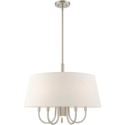 6 Light Brushed Nickel Pendant Chandelier with Hand Crafted Oatmeal Fabric Hardback Shade-Lighting LumensChandeliers