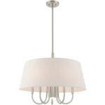 6 Light Brushed Nickel Pendant Chandelier with Hand Crafted Oatmeal Fabric Hardback Shade-Lighting LumensChandeliers