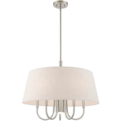 6 Light Brushed Nickel Pendant Chandelier with Hand Crafted Oatmeal Fabric Hardback Shade-Lighting LumensChandeliers