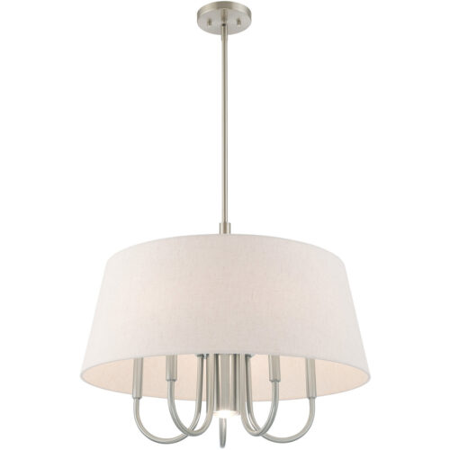 6 Light Brushed Nickel Pendant Chandelier with Hand Crafted Oatmeal Fabric Hardback Shade-Lighting LumensChandeliers