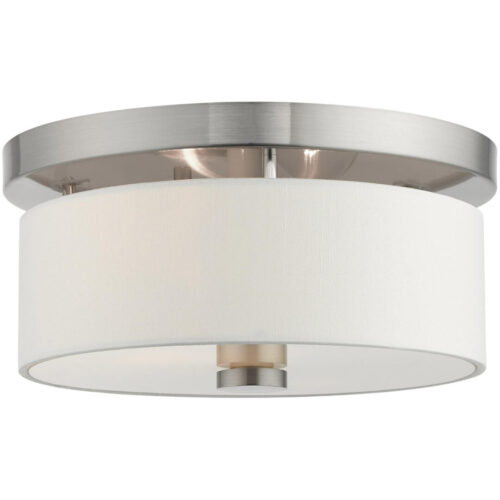 2 Light Brushed Nickel Ceiling Light fixture with Hand Crafted Off-White Fabric Hardback Shade-Lighting LumensFlush Mount Ceiling Lights