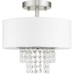 2 Light Brushed Nickel Ceiling Light fixture with Clear Crystals/ Hand Crafted Off-White Fabric Hardback Shade-Lighting LumensFlush Mount Ceiling Lights