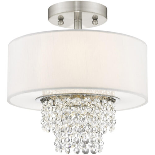 2 Light Brushed Nickel Ceiling Light fixture with Clear Crystals/ Hand Crafted Off-White Fabric Hardback Shade-Lighting LumensFlush Mount Ceiling Lights