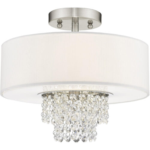 2 Light Brushed Nickel Ceiling Light fixture with Clear Crystals/ Hand Crafted Off-White Fabric Hardback Shade-Lighting LumensFlush Mount Ceiling Lights